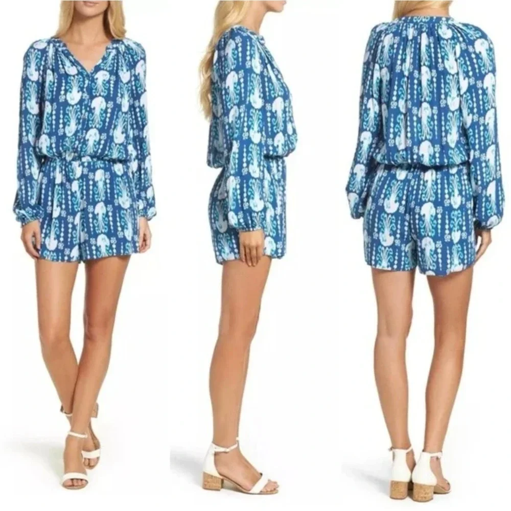 Lilly Pulitzer Size Small Elsa Indigo Get In Line ROMPER Long Sleeve‎ Jellyfish